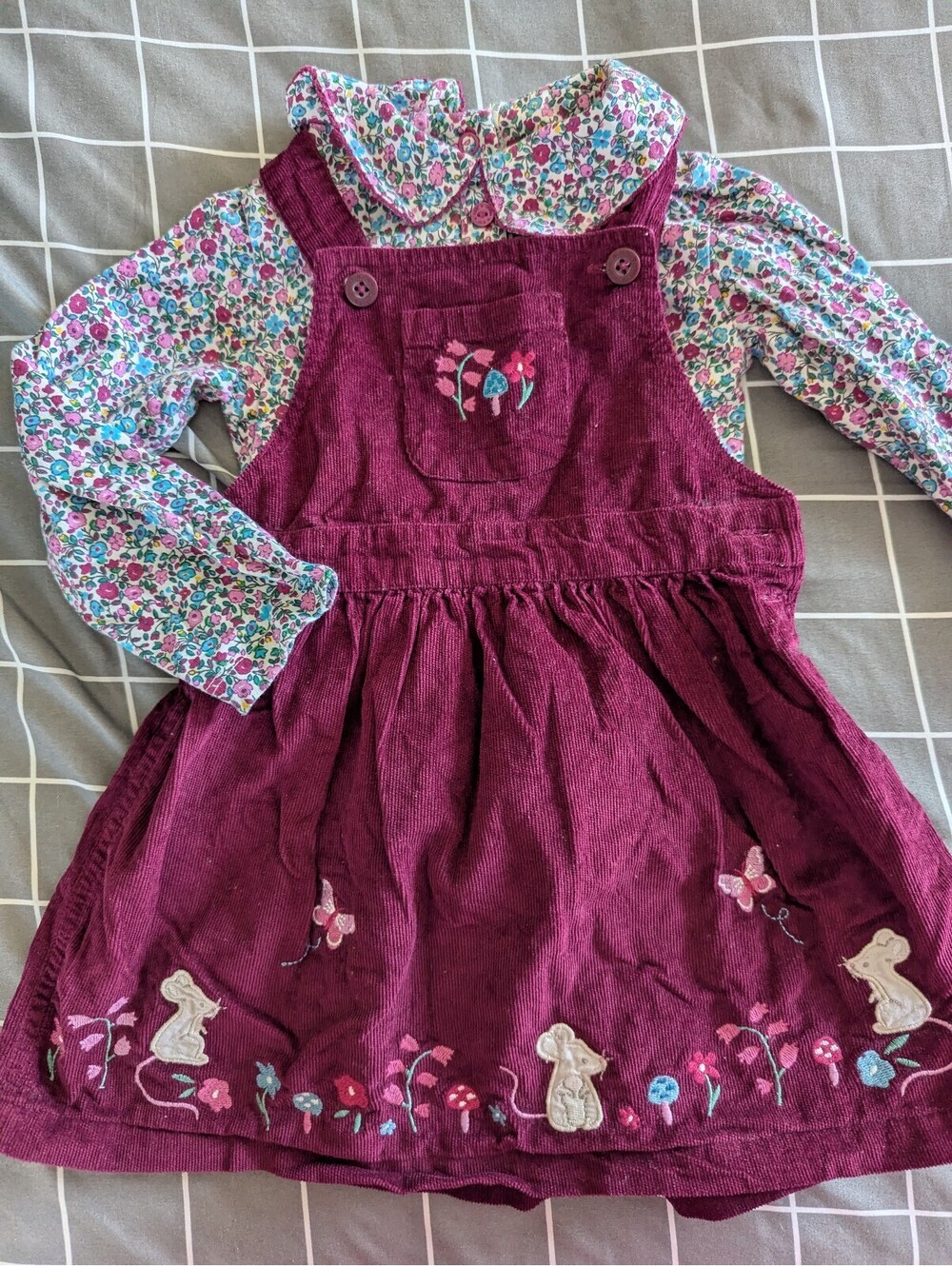 JoJo liberty floral blouse and mouse wildflower pinnie outfit